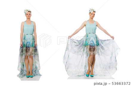 Caucasian model in blue floral dress isolated on white Caucasian model in blue floral dress isolated on white 53663372