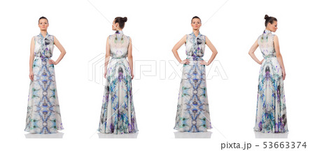 Beautiful girl in elegant long dress isolated on white Beautiful girl in elegant long dress isolated on white 53663374