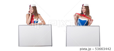 Young woman with blank board on white Young woman with blank board on white 53663442
