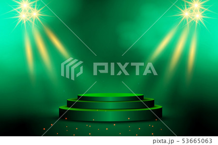 green podium and spotlight with smoke 53665063