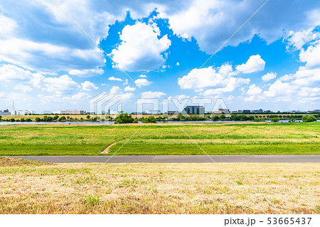 初夏の大空 河川敷の写真素材