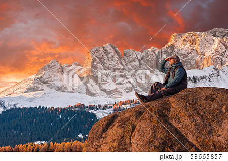 Mountaineer look at big mountains 53665857