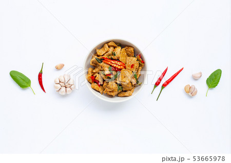 Stir-fried hot and spicy pork with basil on white Stir-fried hot and spicy pork with basil on white 53665978