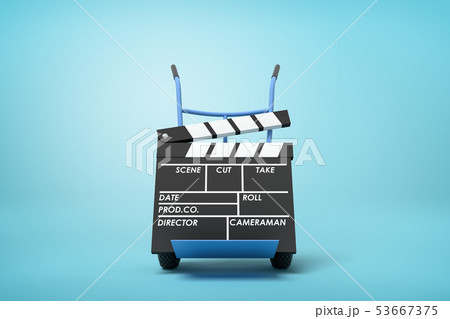 3d rendering of a movie clapper on a hand truck on blue background 3d rendering of a movie clapper on a hand truck on blue background 53667375