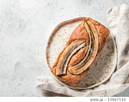Low-fat banana bread, copy space, top view Low-fat banana bread, copy space, top view 53667530