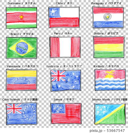 クレヨンで描いた国旗 南アメリカ2とオセオニア１のイラスト素材