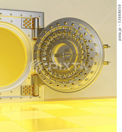 Front view of light gold bank vault door, closed. 3D Render Front view of light gold bank vault door, closed. 3D Render 53668659