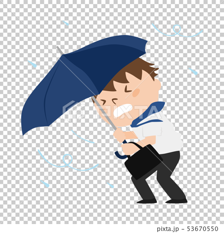 ビジネスマンのイラスト 台風の中 頑張って傘をさして帰る男性 のイラスト素材