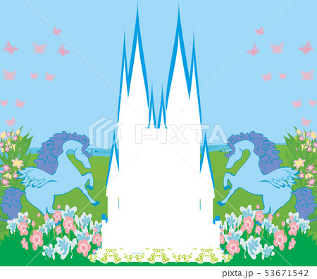Card with a cute unicorns, abstract castle frame 53671542