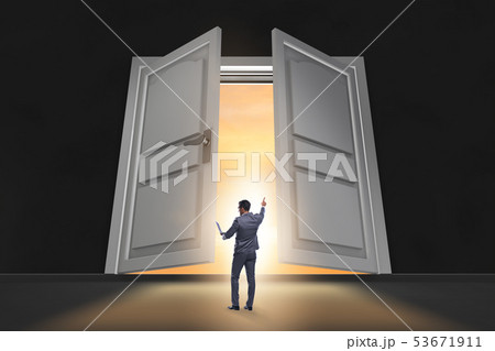 Businessman entering big large door 53671911