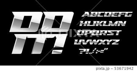 Silver letters and symbols set on black background. Metal style vector latin alphabet. Font for 53671942