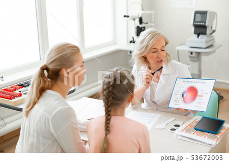 Diligent short-haired doctor holding poster with eye anatomy Diligent short-haired doctor holding poster with eye anatomy 53672003