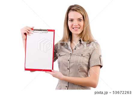 Young woman holding blank isolated on white Young woman holding blank isolated on white 53672263