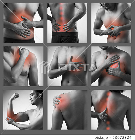 Collage of man suffering from acute pain 53672324