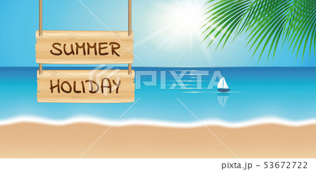 wooden sign summer holiday on beautiful palm beach with sailboat wooden sign summer holiday on beautiful palm beach with sailboat 53672722
