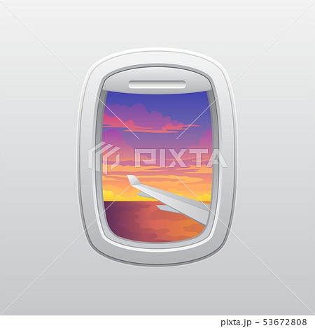 Wing of the plane against the sunset. View from the window of the plane. Vector illustration on 53672808