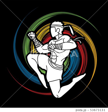 Muay Thai action , Thai boxing jumping to attack   53673131