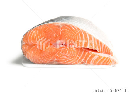 Big slice of fresh salmon. Raw red fish steak. Pho 53674119