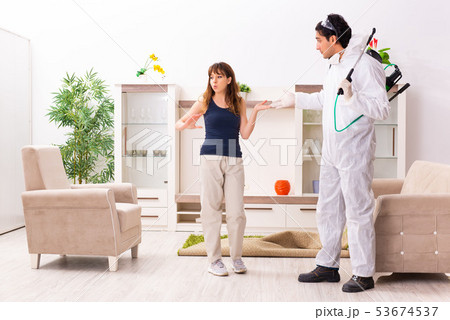 Young professional contractor doing pest control at flat Young professional contractor doing pest control at flat 53674537
