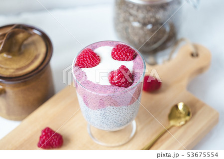 Chia pudding with almond milk, yogurt 53675554