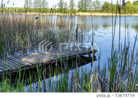Old rustic wooden jetty on a tranquil lake 53679759