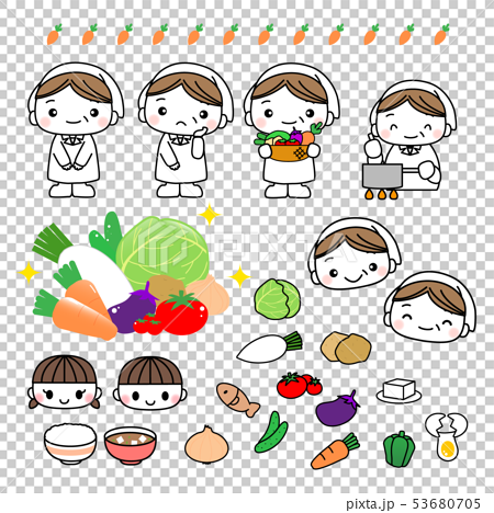 野菜と学校給食のおばちゃん 食堂のおばさん 栄養士 男の子女の子 子供 健康食育食生活イラスト素材のイラスト素材