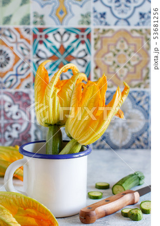 Young Zucchini With Flowers Young Zucchini With Flowers 53681256