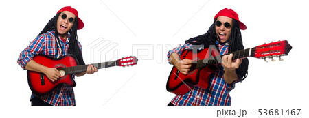 Man with dreadlocks holding guitar isolated on white 53681467