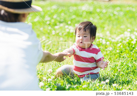 芝生でお座りする赤ちゃん（乳児） 53685143
