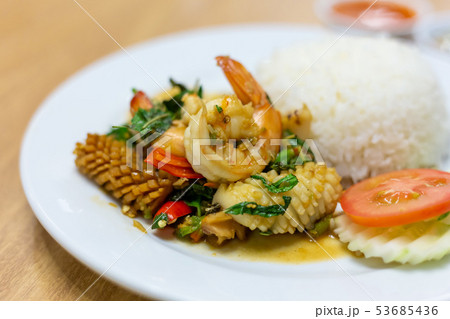 Thai food, fried rice with basil shrimp with chili Thai food, fried rice with basil shrimp with chili 53685436