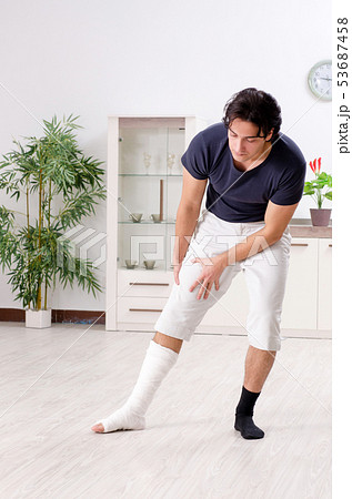 Leg injured young man suffering at home  53687458