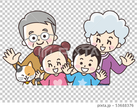Grandparents with grandson and pet cat spring 53688376