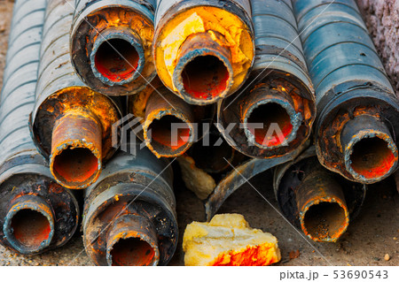 Many old rusty pipes with footprint of welding on Many old rusty pipes with footprint of welding on 53690543