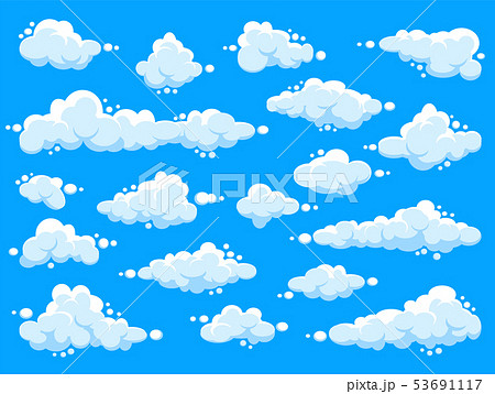 White clouds set. Abstract blue summer sky. Simple cartoon cloud. Vector illustration. White clouds set. Abstract blue summer sky. Simple cartoon cloud. Vector illustration. 53691117