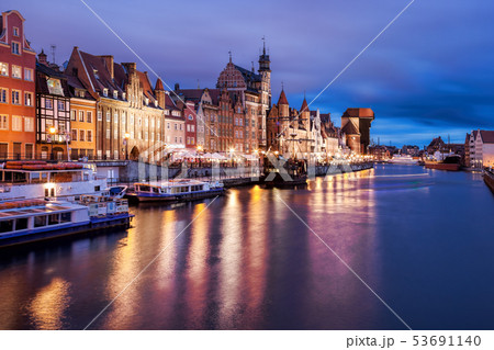 Downtown of Gdansk with boats in harbor during Downtown of Gdansk with boats in harbor during 53691140
