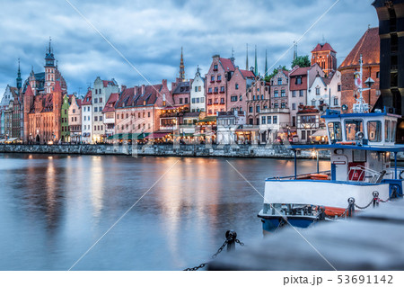 Downtown of Gdansk with boats in harbor during Downtown of Gdansk with boats in harbor during 53691142