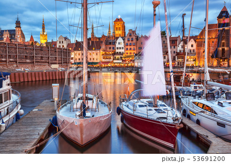 Downtown of Gdansk with boats in harbor during Downtown of Gdansk with boats in harbor during 53691200