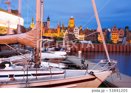Downtown of Gdansk with boats in harbor during Downtown of Gdansk with boats in harbor during 53691205