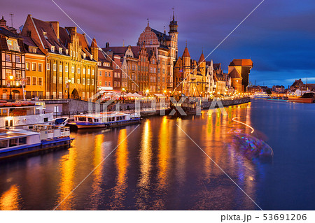 Downtown of Gdansk with boats in harbor during Downtown of Gdansk with boats in harbor during 53691206