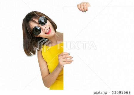 Beautiful girl holding empty blank board isolated 53695663
