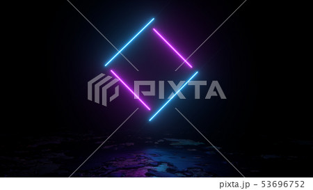 3d abstract background render, pink and blue neon lights fly over the ground, retrowave and 53696752