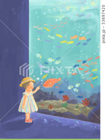 水族館で魚を指差す女の子のイラスト素材