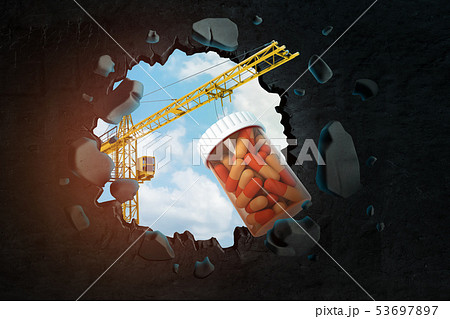 3d rendering of hoisting crane carrying transparent plastic jar full of pills and breaking wall 53697897
