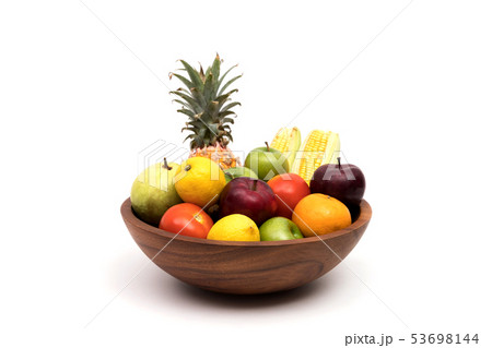 Assort fresh fruits and vegetables in basket 53698144