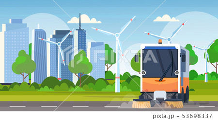 street sweeper truck machine cleaning process industrial vehicle urban road service concept wind 53698337