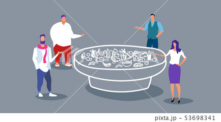 businesspeople standing at catering banquet table with different food business people eating fruits 53698341