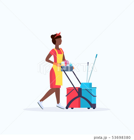 woman holding trolley cart with supplies african american female cleaner janitor in uniform cleaning 53698380