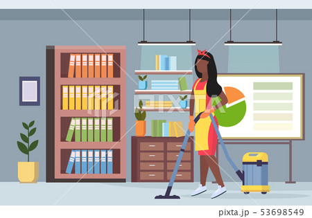 woman using vacuum cleaner afican american girl in uniform vacuuming floor cleaning service concept 53698549
