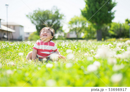 芝生で遊ぶ赤ちゃん 芝生で遊ぶ赤ちゃん 53698917