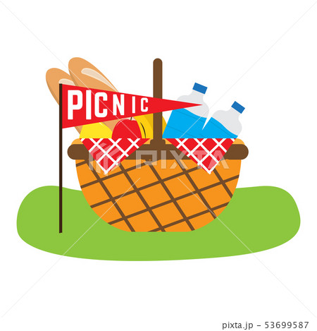 Picnic basket with water bottle, bread and fruits 53699587